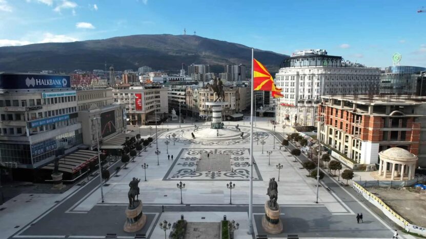 Macedonia Square is the main square of Skopje, featuring the Warrior on a Horse monument and views of Mount Vodno.
