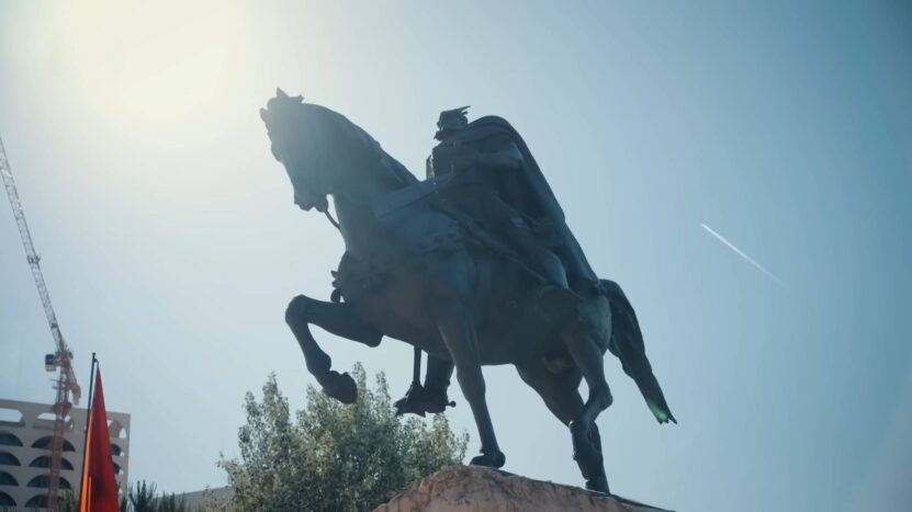The Skanderbeg Monument in Tirana's main square honors Albania's 15th-century national hero.